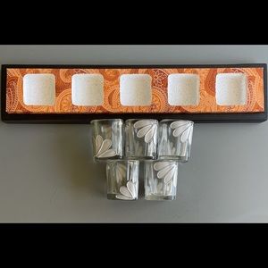 NIB Floral Hand Painted Glass Votives + Wood Tray